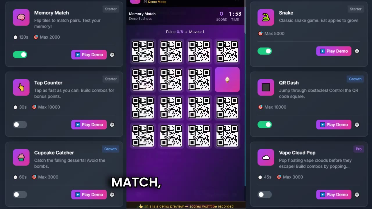 Revenue QR demo: scan a QR code, play a mini-game, win a discount